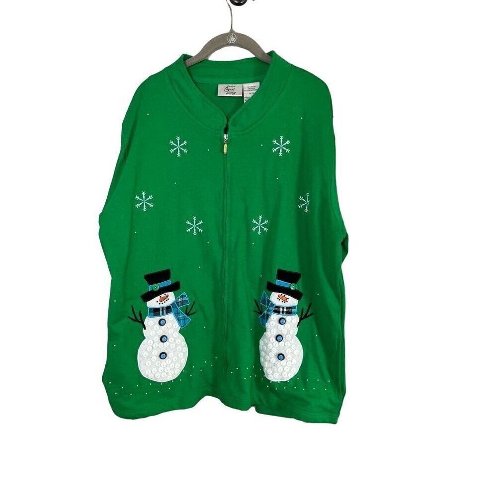 Vintage Christmas Jacket 1X Green Full Zip Snowman Festive Holiday Retro 80s‎